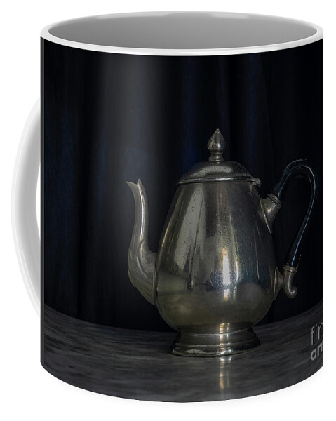 Past Coffee Mug featuring the photograph Silver and Brass Teapots Black Background Marble Table by Pablo Avanzini