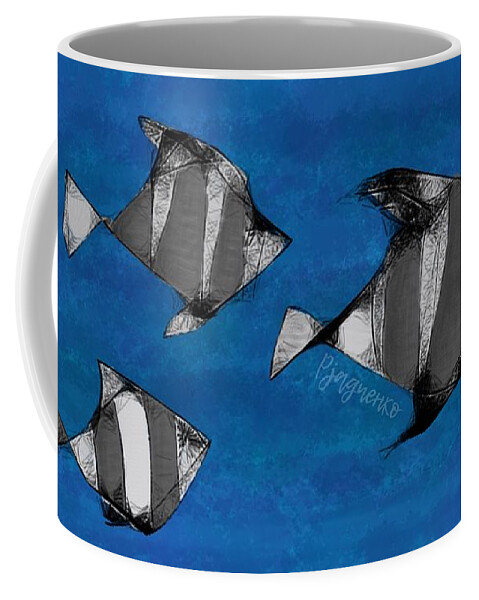 Blue Coffee Mug featuring the digital art Silver barbs in hurry by Ljev Rjadcenko