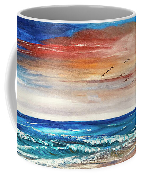 Seascape Coffee Mug featuring the painting Sunset on the Beach at Bethany Beach Oil Painting by Catherine Ludwig Donleycott