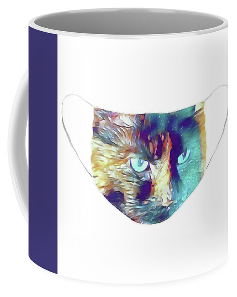 Cat; Kitten; Torti; Torti Cat; Tortoiseshell; Gold; Brown; Black; Teal; Cat Eyes; Kitten Eyes; Close-up; Photography; Painting; Profile; Face Mask; Mask Coffee Mug featuring the photograph Torti in Teal Face Mask by Tina Uihlein