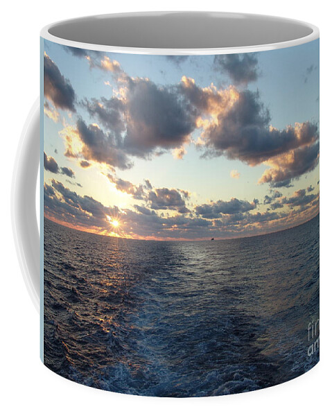 #gulfofmexico #underway #highseas #evening #dusk #sunset #nightfall #clouds #cloudy #tealskies #peachskies #wake #sprucewoodstudios Coffee Mug featuring the photograph Trails in the Sea by Charles Vice
