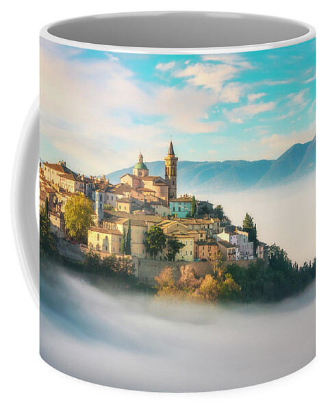 Trevi Coffee Mug featuring the photograph Trevi picturesque village in a foggy morning. Perugia, Umbria, I #1 by Stefano Orazzini