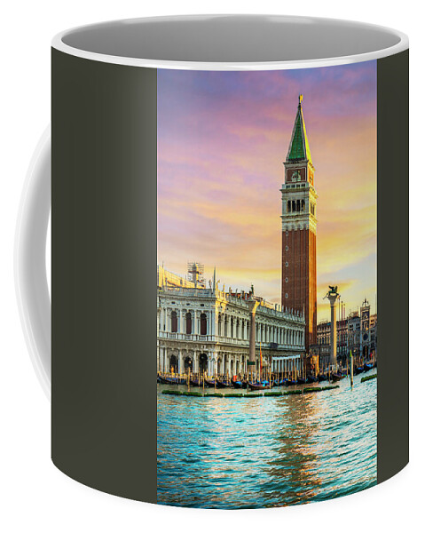 Venice Coffee Mug featuring the photograph Venice landmark at dawn, Piazza San Marco with Campanile and Dog #1 by Stefano Orazzini