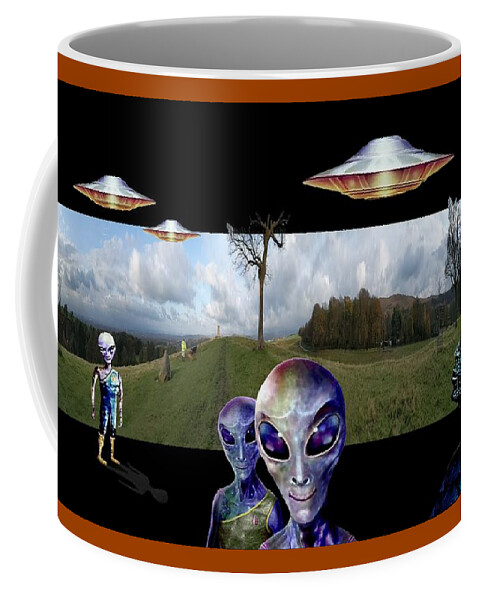 Visitors Coffee Mug featuring the digital art Alien Visitors by Hartmut Jager