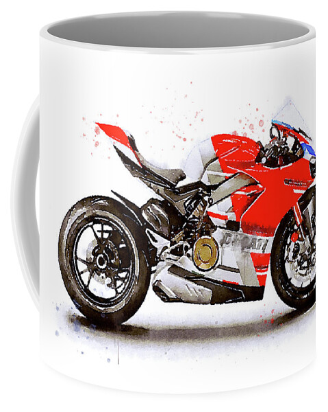 Sport Coffee Mug featuring the painting Watercolor Ducati Panigale V4S motorcycle, oryginal artwork by Vart by Vart Studio