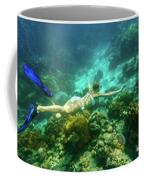 Surin Islands Coffee Mug featuring the photograph Woman bikini apnea Surin Islands #1 by Benny Marty