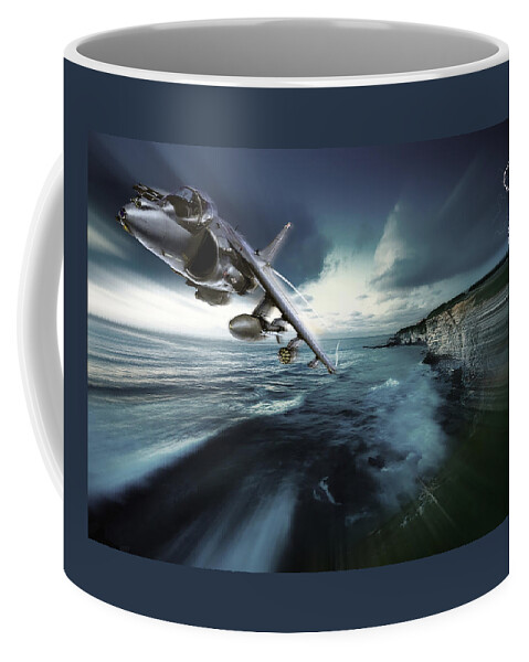 Harrier Coffee Mug featuring the digital art British Aerospace Harrier II GR9 White Cliffs Pass by Custom Aviation Art