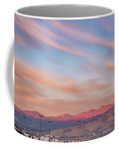 Flying Coffee Mug featuring the photograph Flying Over Rockies In Airplane From Salt Lake City At Sunset #12 by Alex Grichenko