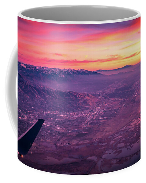 Flying Coffee Mug featuring the photograph Flying Over Rockies In Airplane From Salt Lake City At Sunset #13 by Alex Grichenko