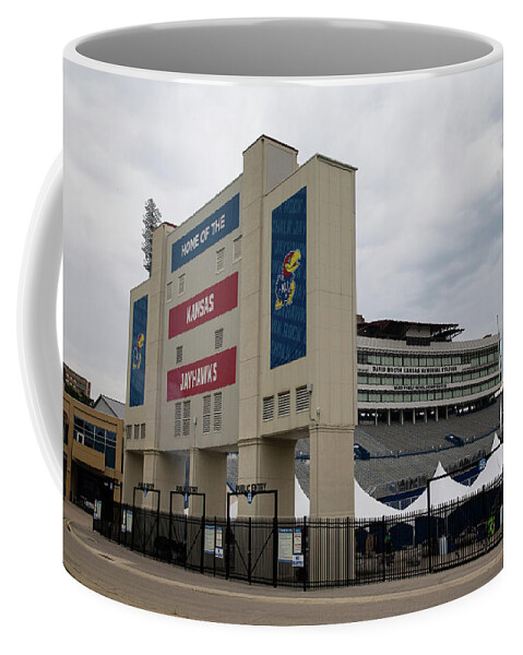 Kansas Jayhawks Coffee Mug featuring the photograph Home of the Kansas Jayhawks sign at University of Kansas by Eldon McGraw