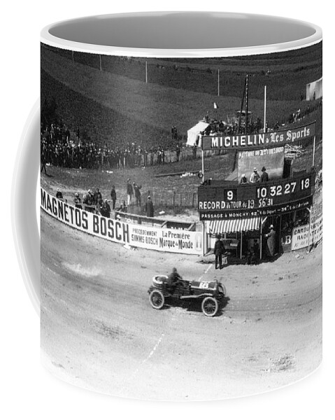 Moore-brabazon Coffee Mug featuring the mixed media 1908 French Grand Prix, Austin Crossing the Line by Charlie Ross