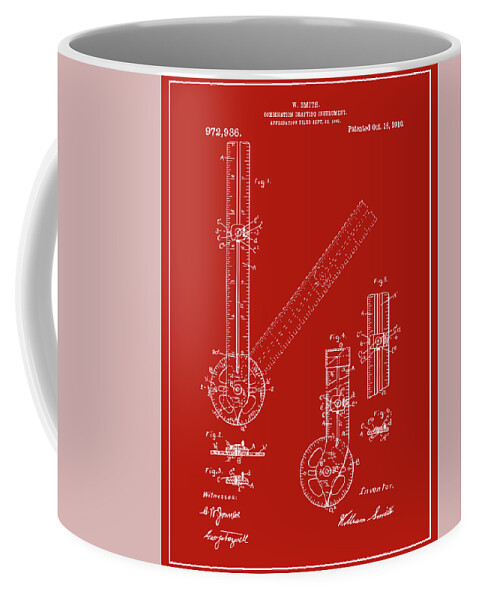 1909 Combination Drafting Instrument Patent Print Coffee Mug featuring the drawing 1909 Combination Drafting Instrument Red Patent Print by Greg Edwards