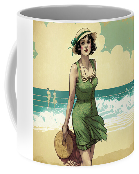 Flapper Coffee Mug featuring the digital art 1920s Flapper Woman at the Beach 01 by Matthias Hauser