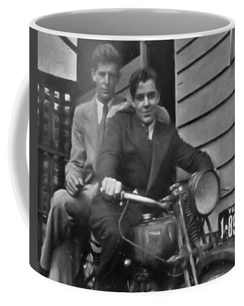 1940s Coffee Mug featuring the mixed media 1940s Brothers On A Vintage Motorbike by Joan Stratton