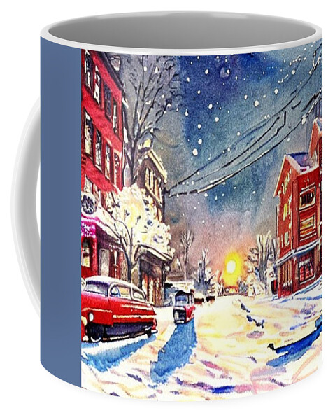 Watercolor Coffee Mug featuring the painting 1950s Streetscape in Winter - 2 by Christopher Lotito