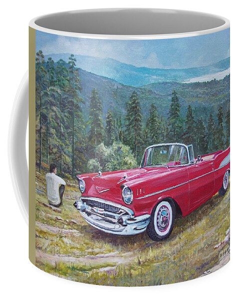Chevrolet Bell Air Cabriolet Coffee Mug featuring the painting 1955-1957 Chevrolet Bel Air cabriolet by Sinisa Saratlic