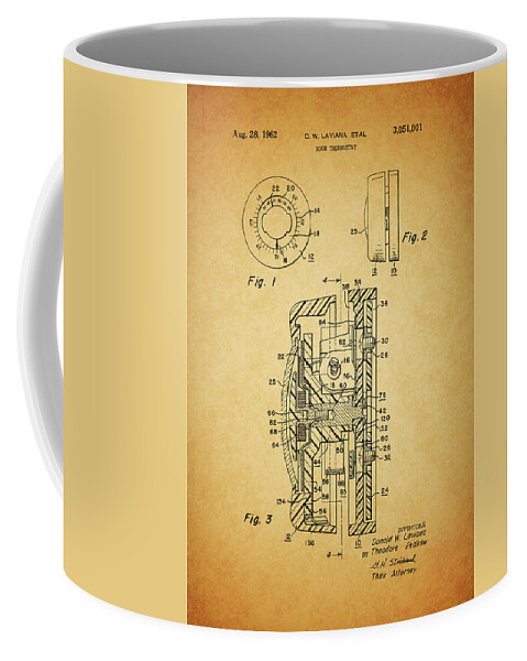 1962 Room Thermostat Patent Coffee Mug featuring the drawing 1962 Room Thermostat by Dan Sproul