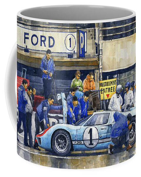 Shevchukart Coffee Mug featuring the painting 1966 Le Mans 24 Pit Stop Ford GT40 MkII Ken Miles Denny Hulme by Yuriy Shevchuk
