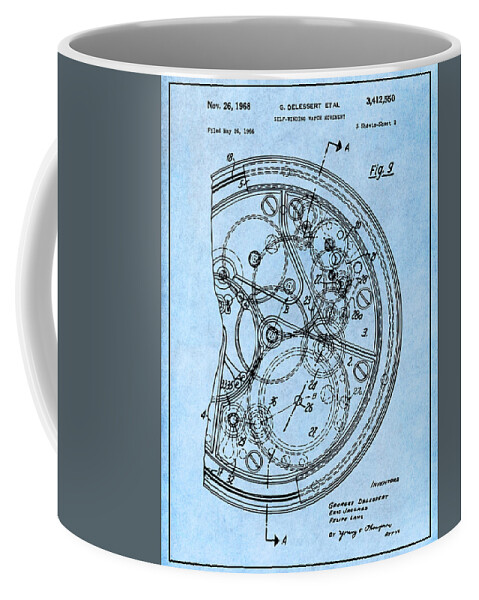 1966 Self Winding Watch Movement Patent Print Coffee Mug featuring the drawing 1966 Self Winding Watch Movement Light Blue Patent Print by Greg Edwards