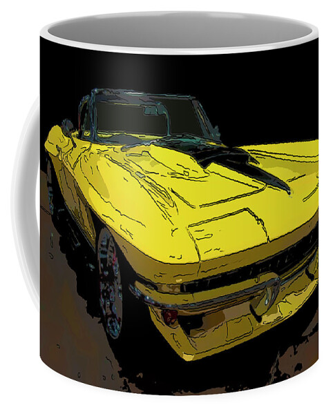 1967 Chevy Corvette Convertible Yellow Coffee Mug featuring the drawing 1967 Chevy Corvette convertible yellow digital drawing by Flees Photos