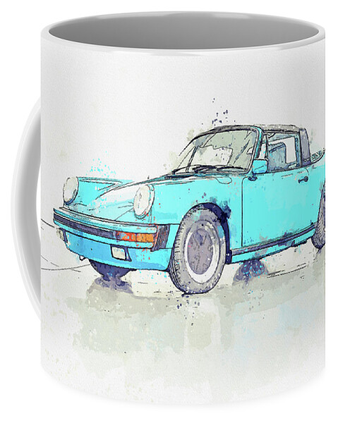 Oil On Canvas Coffee Mug featuring the digital art 1974 Porsche 911 Carrera Targa - Watercolor ca 2020 by Ahmet Asar by Celestial Images