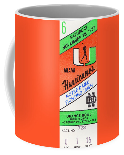 Miami Hurricanes Coffee Mug featuring the mixed media 1987 Miami vs. Notre Dame by Row One Brand