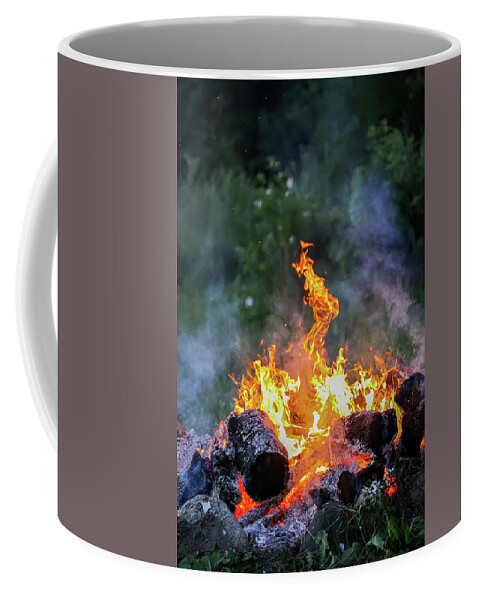 Bonfire Coffee Mug featuring the photograph Bonfire at a camp in summer evening outdoors #2 by Olga Strogonova