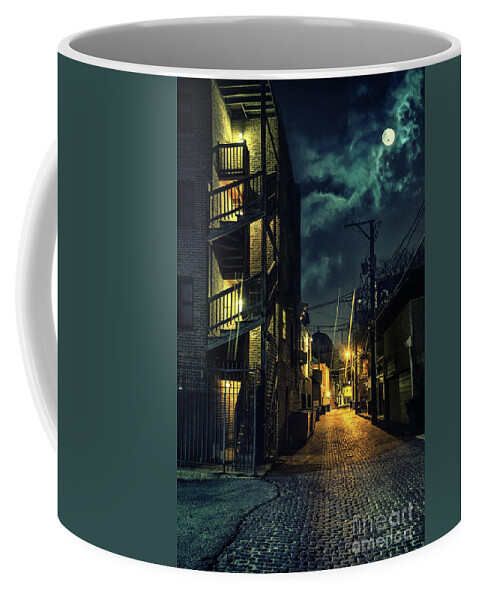 Alley Night Street City Urban Alleyway Dark Scary Light Garbage Back Road Crime Scene Spooky Brick Vintage Empty Wall Grunge Noir Cobblestone Moon Coffee Mug featuring the photograph Moonlit Vintage Chicago Alley by Bruno Passigatti