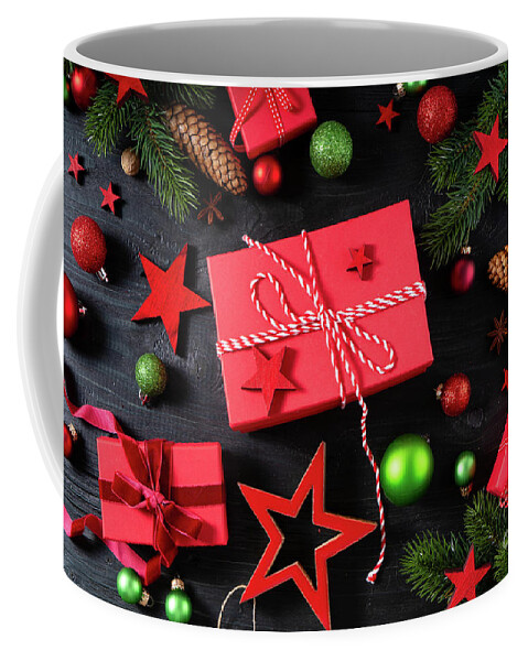 Christmas Coffee Mug featuring the photograph Christmas flat lay scene with golden decorations #2 by Anastasy Yarmolovich