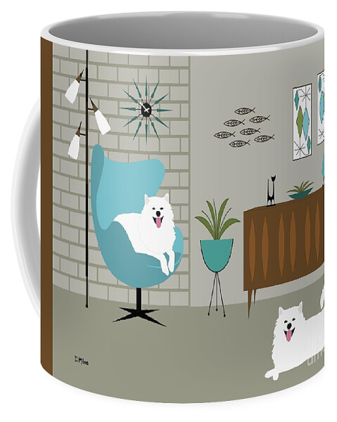 Mid Century Modern Coffee Mug featuring the digital art Mid Century Modern White Dogs by Donna Mibus