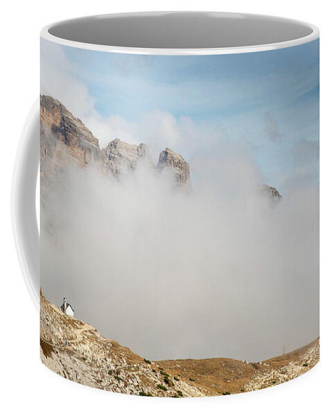 Tre Cime Coffee Mug featuring the photograph Mountain landscape with fog in autumn. Tre Cime dolomiti Italy. by Michalakis Ppalis