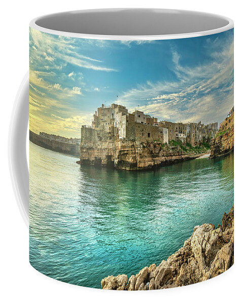 Polignano Coffee Mug featuring the photograph Polignano a Mare village at sunrise, Bari, Apulia, Italy. #2 by Stefano Orazzini