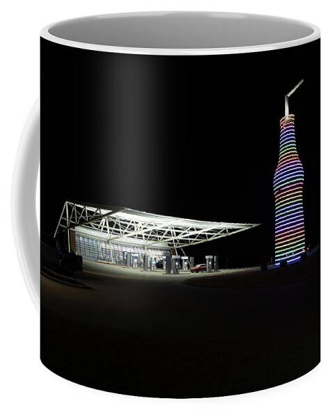 Coffee Mug featuring the photograph Pops 66 Soda Ranch in Arcadia Oklahoma at night by Eldon McGraw