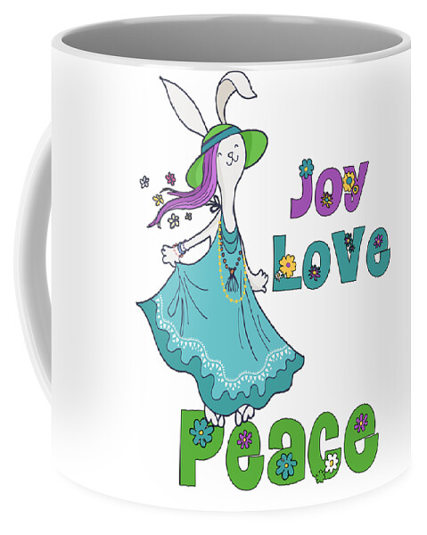 Christmas Coffee Mug featuring the digital art Retro Hippie Joy Love and Peace Dancing Holiday Bunny #2 by Doreen Erhardt