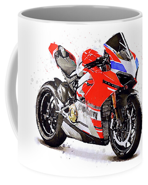 Sport Coffee Mug featuring the painting Watercolor Ducati Panigale V4S motorcycle, oryginal artwork by Vart by Vart Studio