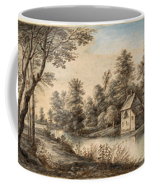 Lucas Van Uden Coffee Mug featuring the drawing Wooded Landscape with a House beside a River #2 by Lucas van Uden
