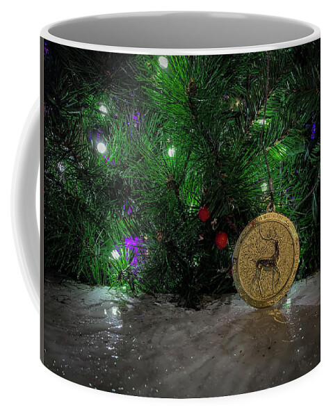 Holiday Lights Coffee Mug featuring the photograph 2019 Enchant - Gold Deer Medallion by Lora J Wilson