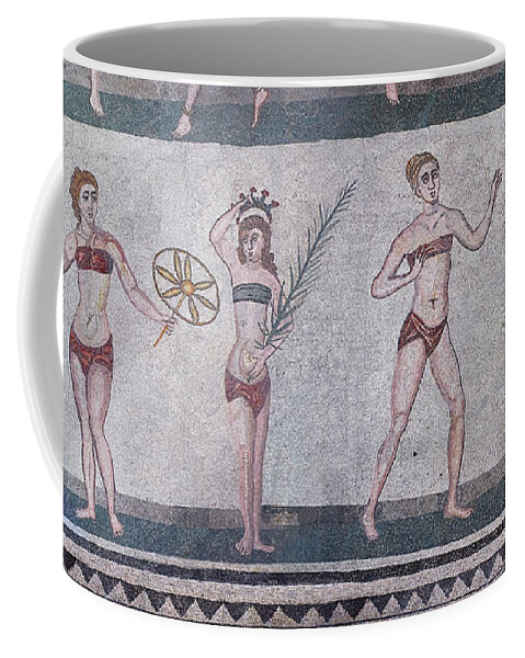 Bikini Girls Coffee Mug featuring the photograph The Bikini Girls Roman mosaic - Villa Romana del Casale Sicily #1 by Paul E Williams