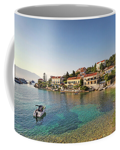 Fiscardo Coffee Mug featuring the photograph The port of Fiskardo in Kefalonia, Greece #3 by Constantinos Iliopoulos