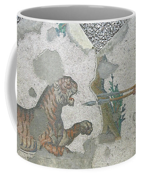 Byzantine Coffee Mug featuring the photograph Tiger defending itself against hunters #3 by Steve Estvanik