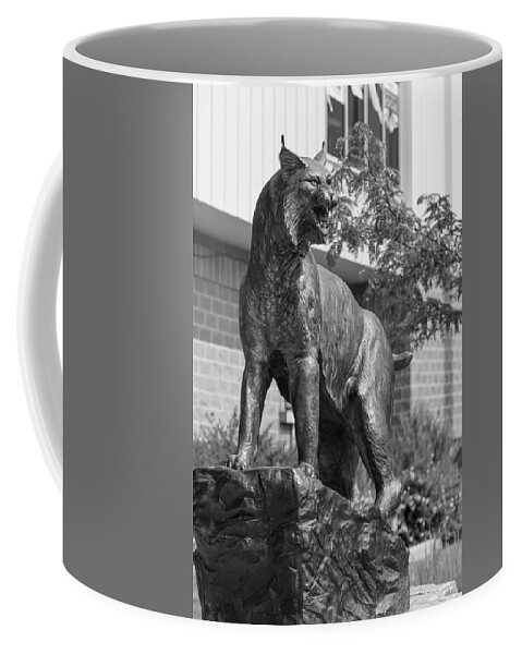 Montana State University Coffee Mug featuring the photograph Montana State University Bobcat statue in black and white #4 by Eldon McGraw
