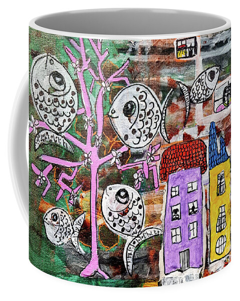 Fish Coffee Mug featuring the mixed media 5 Happy Fish Swimming to Town by Mimulux Patricia No