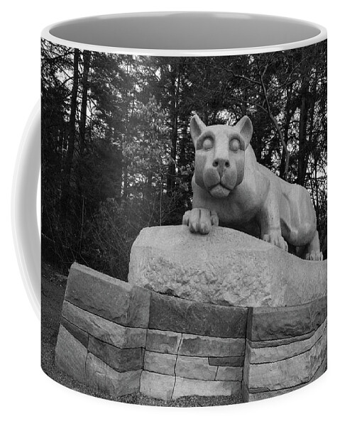 State College Pennsylvania Coffee Mug featuring the photograph Nittany Lion Shrine at Penn State University in black and white #5 by Eldon McGraw