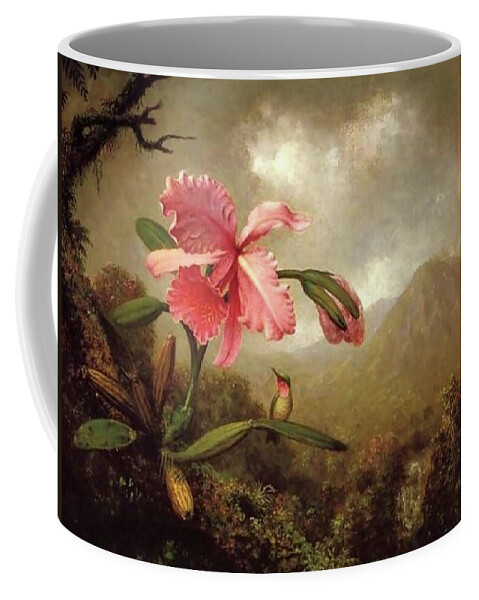Martin Johnson Heade Coffee Mug featuring the painting Orchid And Hummingbird Near A Mountain Waterfall #5 by Martin Johnson Heade