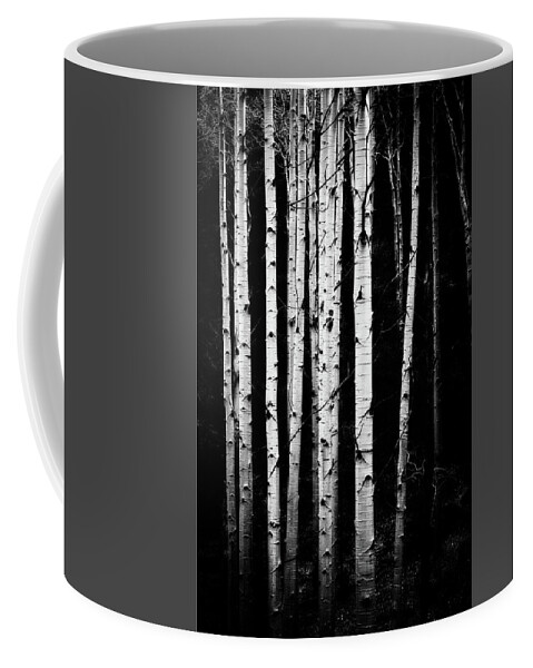 Co Coffee Mug featuring the photograph Aspen trunks in black and white by Doug Wittrock