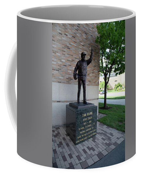 Notre Dame Fighting Irish Coffee Mug featuring the photograph Coach Dan Devine statue at University of Notre Dame by Eldon McGraw