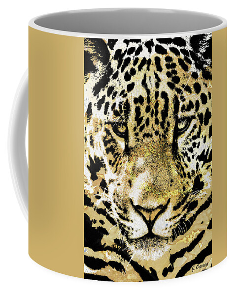Felino Coffee Mug featuring the mixed media Golden Leopard Face by J U A N - O A X A C A