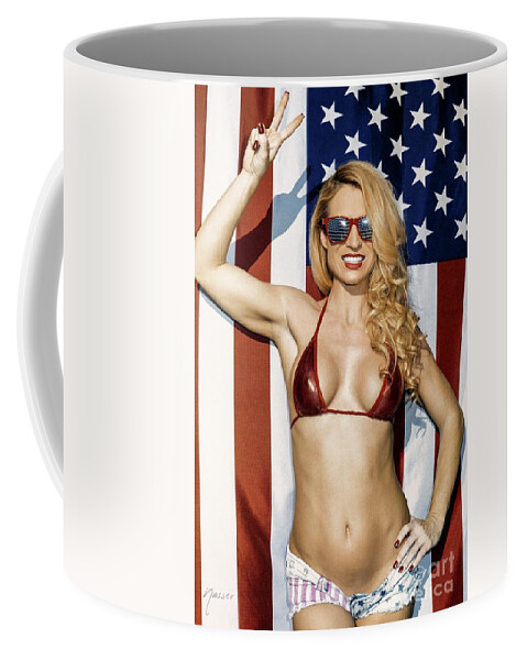 Victory America 4th Of July Coffee Mug featuring the photograph 8795 Piper Precious Famous Dancer and American Flag by Nasser Atelier
