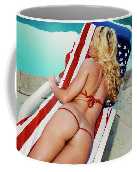 America 4th Of July Coffee Mug featuring the photograph 9060 Piper Precious Poolside and American Flag by Nasser Atelier