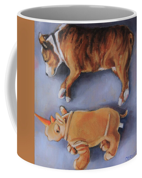 Dog Coffee Mug featuring the painting A Boy And His Toy by Jean Cormier